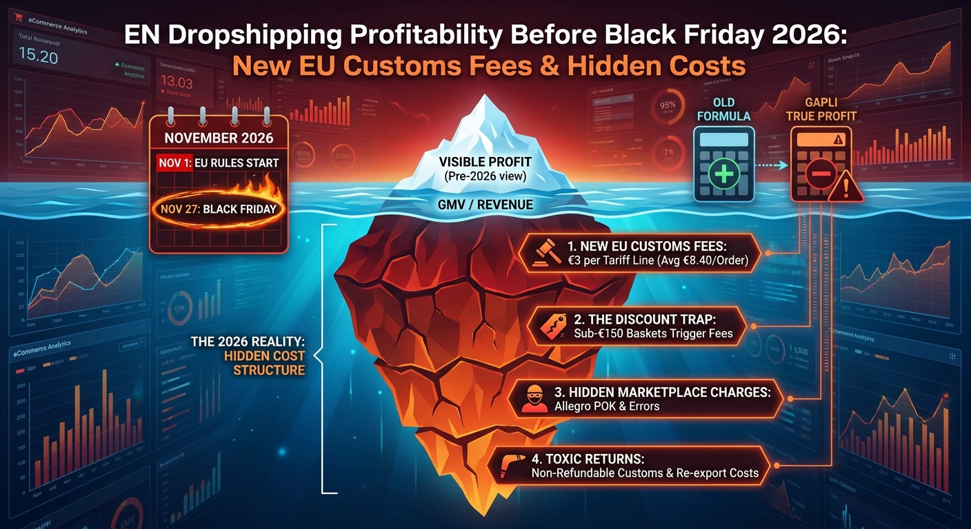 Infographic showing dropshipping profitability layers for Black Friday 2026 including EU customs fees, marketplace commissions, and returns costs