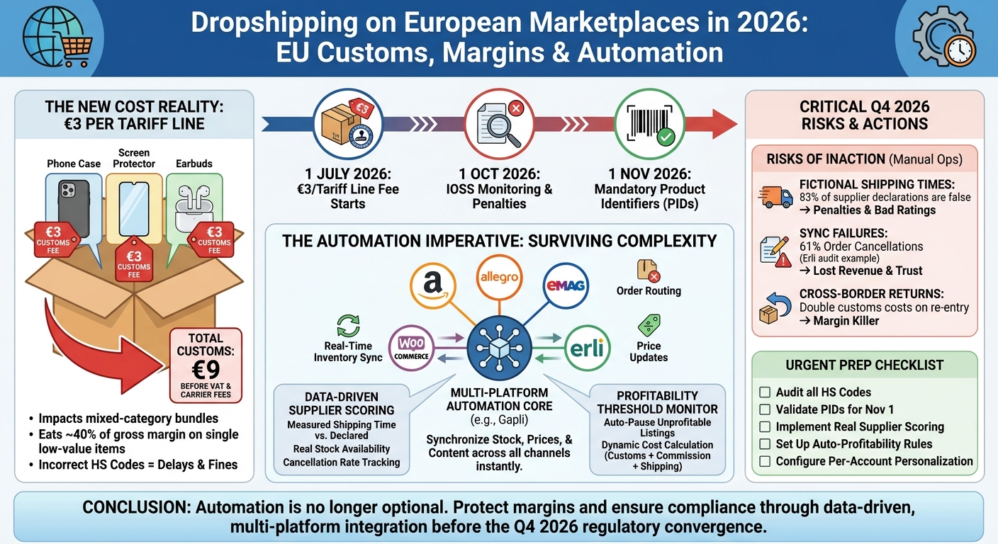 Dropshipping marketplace Europe 2026 — EU customs reform map with parcel routes and cost indicators
