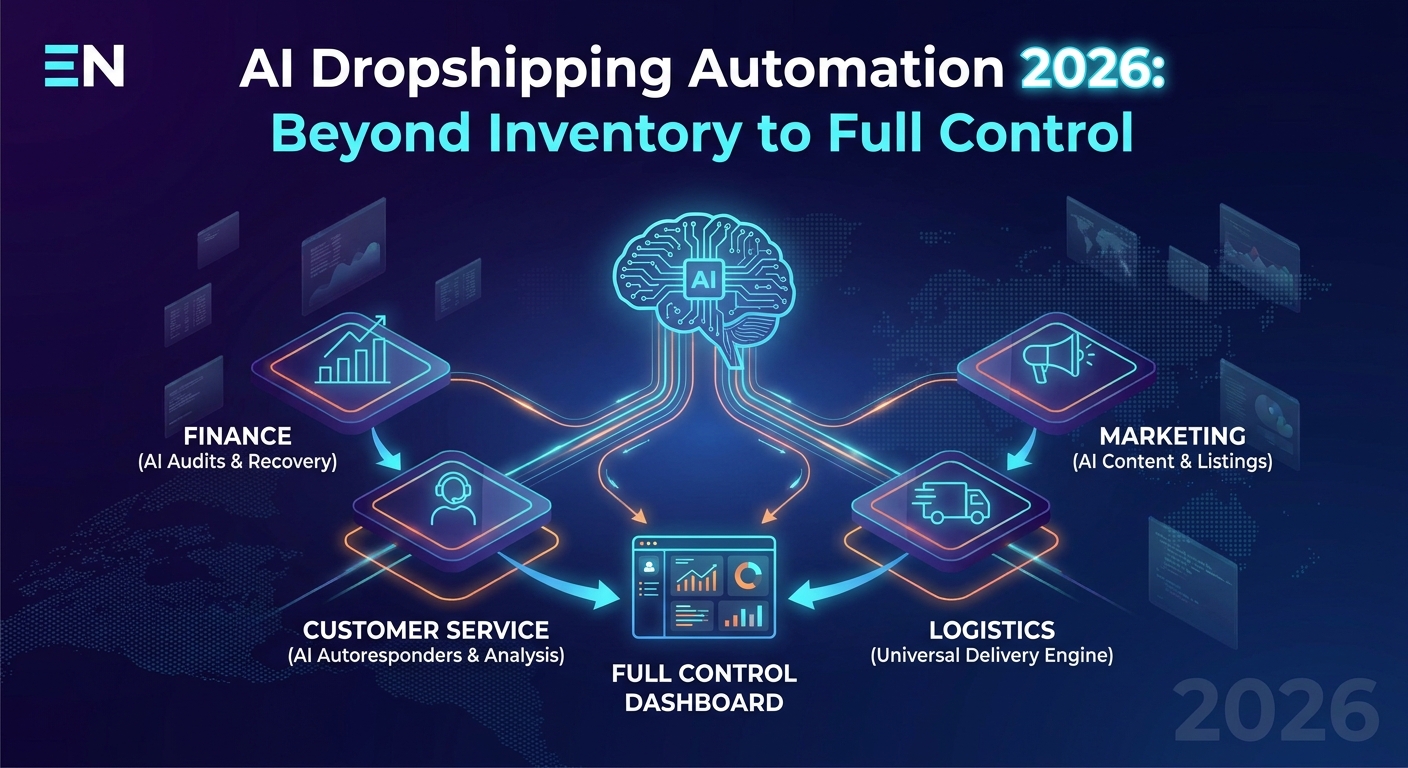 An abstract image representing AI-powered dropshipping automation, with data streams connecting marketplaces, finances, and customers.