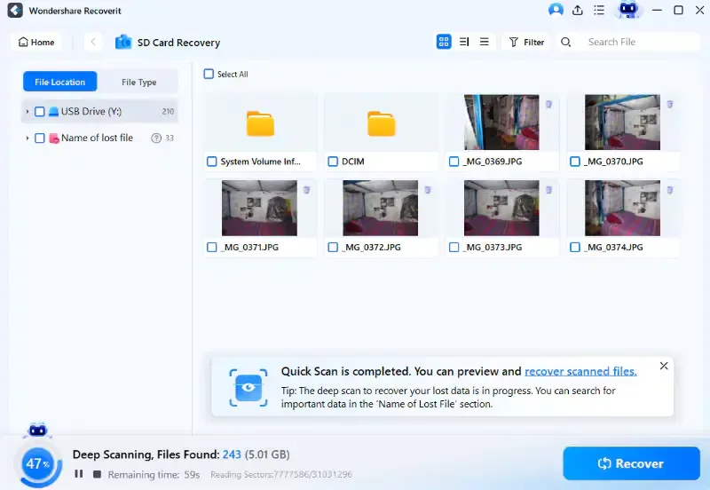 scan the sd card in recoverit