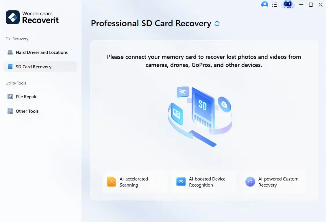 connect sd card access recovery feature recoverit