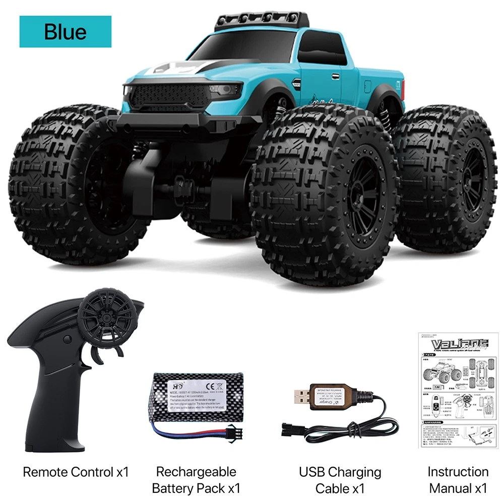 Синій RC-автомобіль VALIANT з аксесуарами: пульт, акумулятор, USB-кабель та інструкція