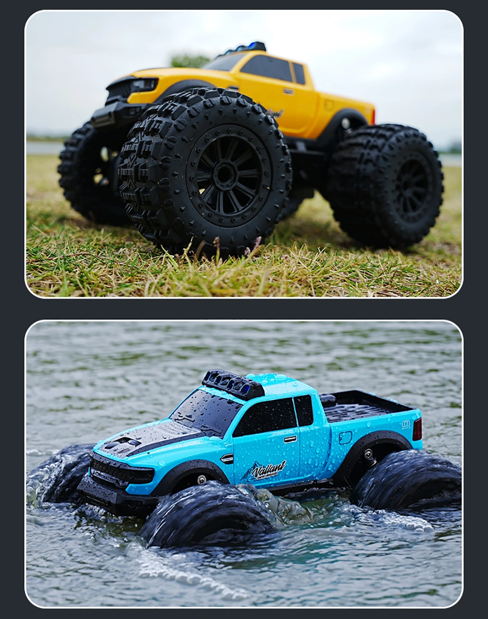 Жовтий і синій RC-автомобілі VALIANT: рух по траві та по воді