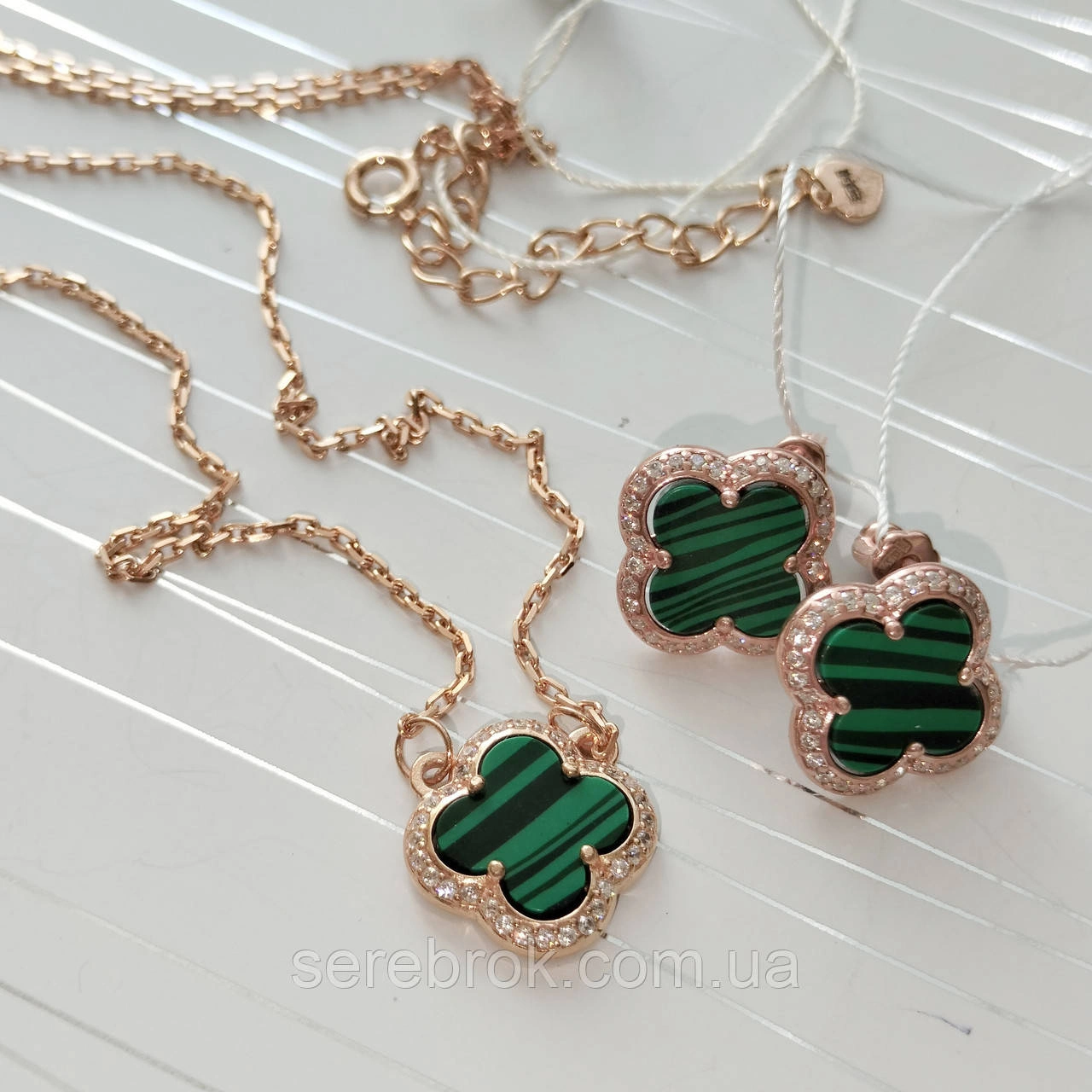 Серебряный комплект Lucky Malachite с клевером