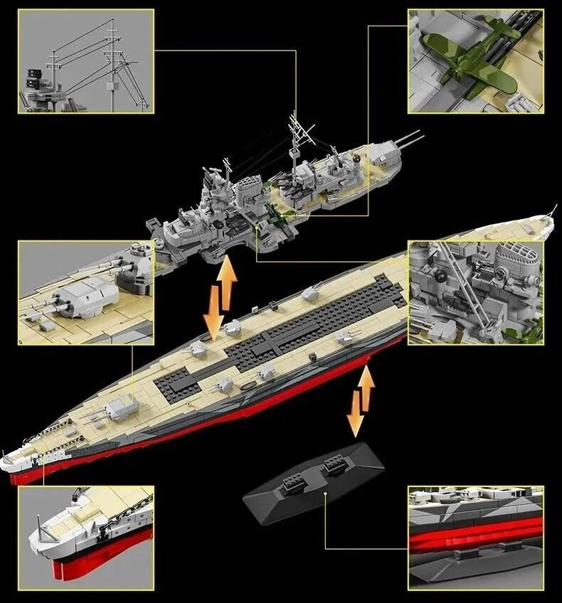 Деталі моделі Tirpitz: щогли, башти, корпус і літак на палубі