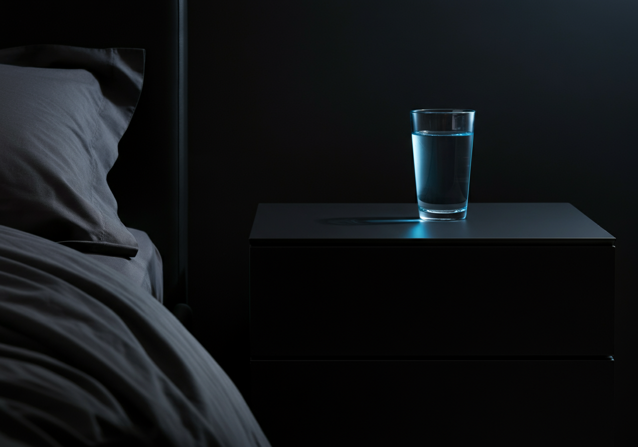 A glowing wearable fitness tracker next to a smartphone displaying sleep cycle graphs in a dark room.