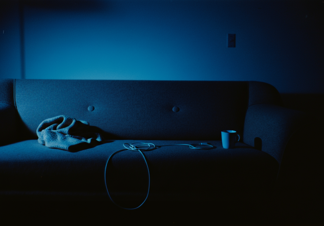 A candid lifestyle photograph shot in dim evening light featuring a person looking tired on a modern sofa, illuminated only by the blue glow of a television screen displaying a loading ad.