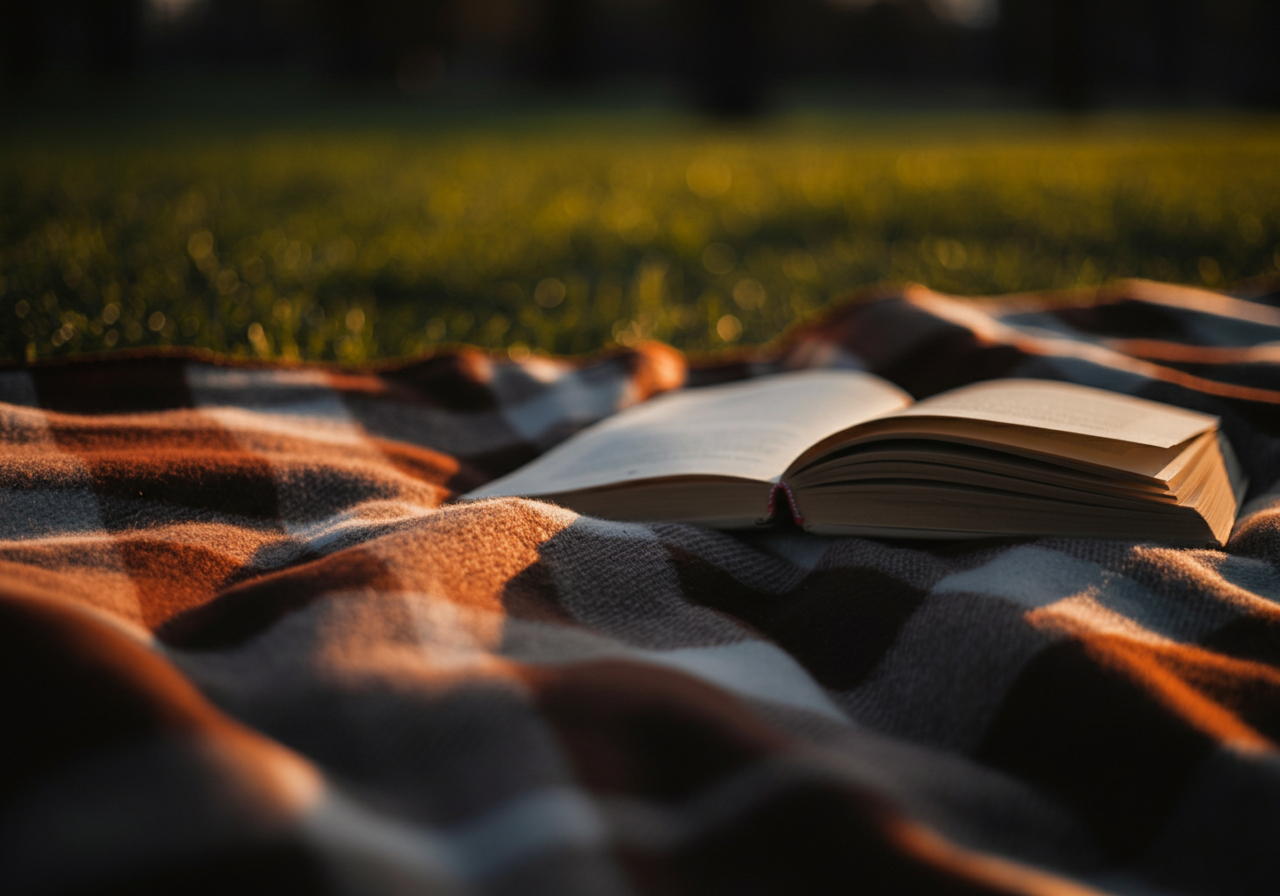 Candid shot of two stemless, shatterproof wine tumblers sitting on a picnic blanket in a park. One is filled with rosé wine, catching the late afternoon sun. The focus is sharp on the tumblers, with the background softly blurred.