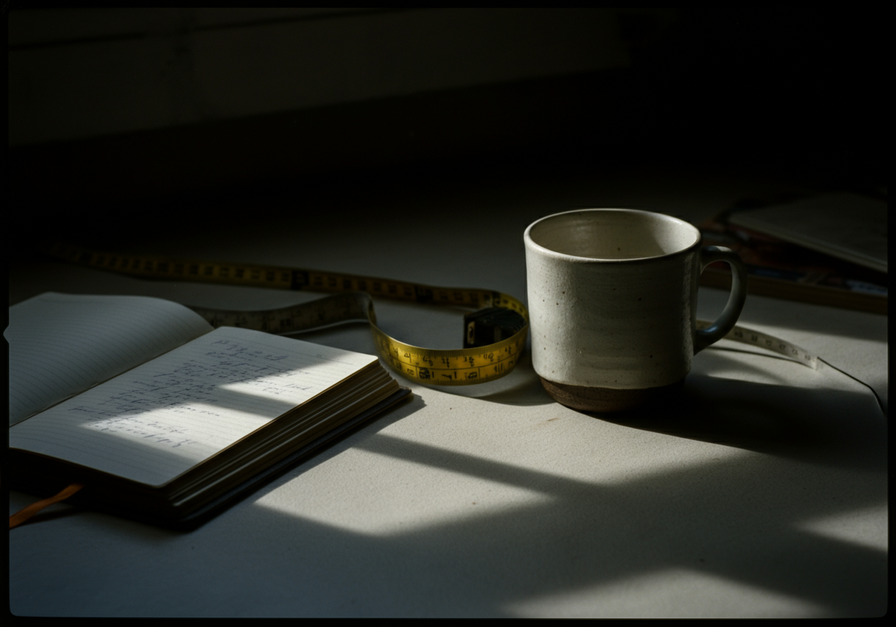 A minimalist workspace featuring a sleek laptop displaying a digital calendar with color-coded blocks, next to a ceramic mug of black coffee, shot in natural, diffused morning light.