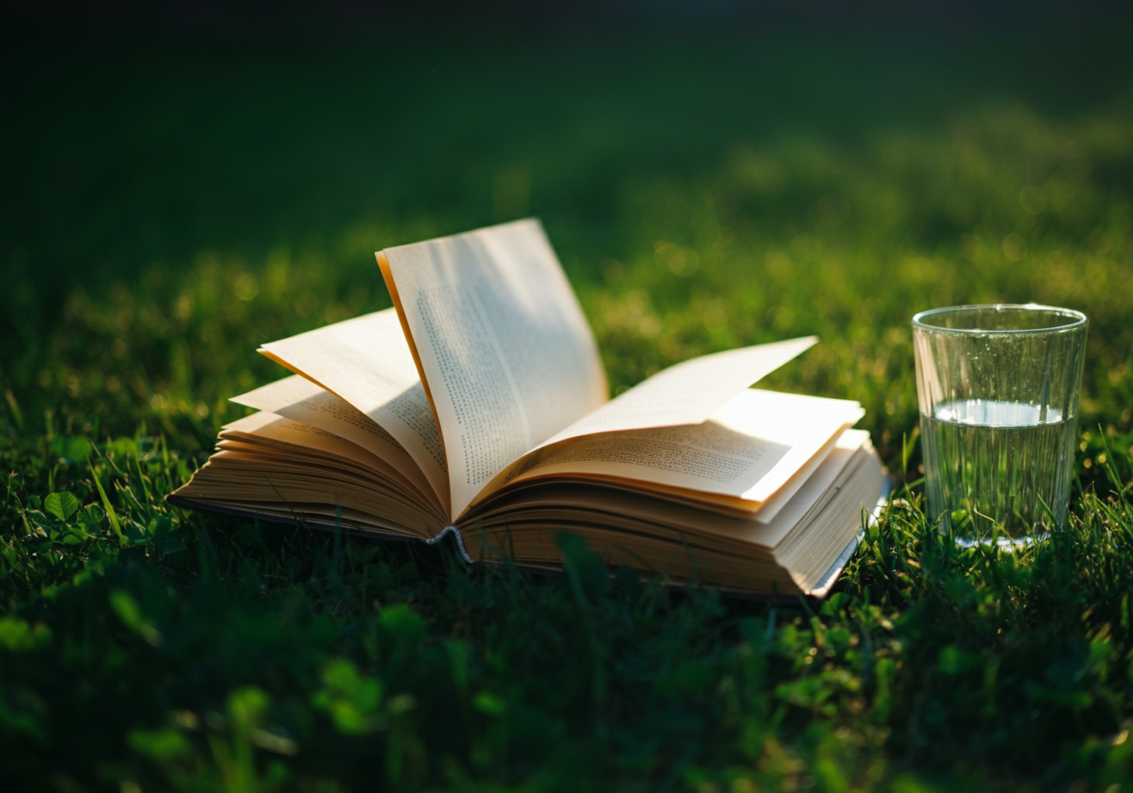 A lifestyle photograph of a modern picnic blanket laid on lush green grass. The corner is folded back to reveal the technical waterproof backing. A hand rests on the soft, woven top surface, conveying texture. The lighting is bright and natural.