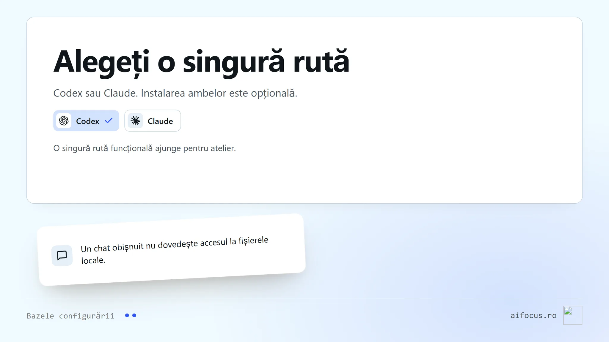 Un obiect drum șerpuit lângă titlul O singură rută funcțională. Două rânduri numesc rutele acceptate, Codex și Claude, unul marcat; o notă spune că chatul obișnuit nu confirmă singur accesul la fișiere locale.