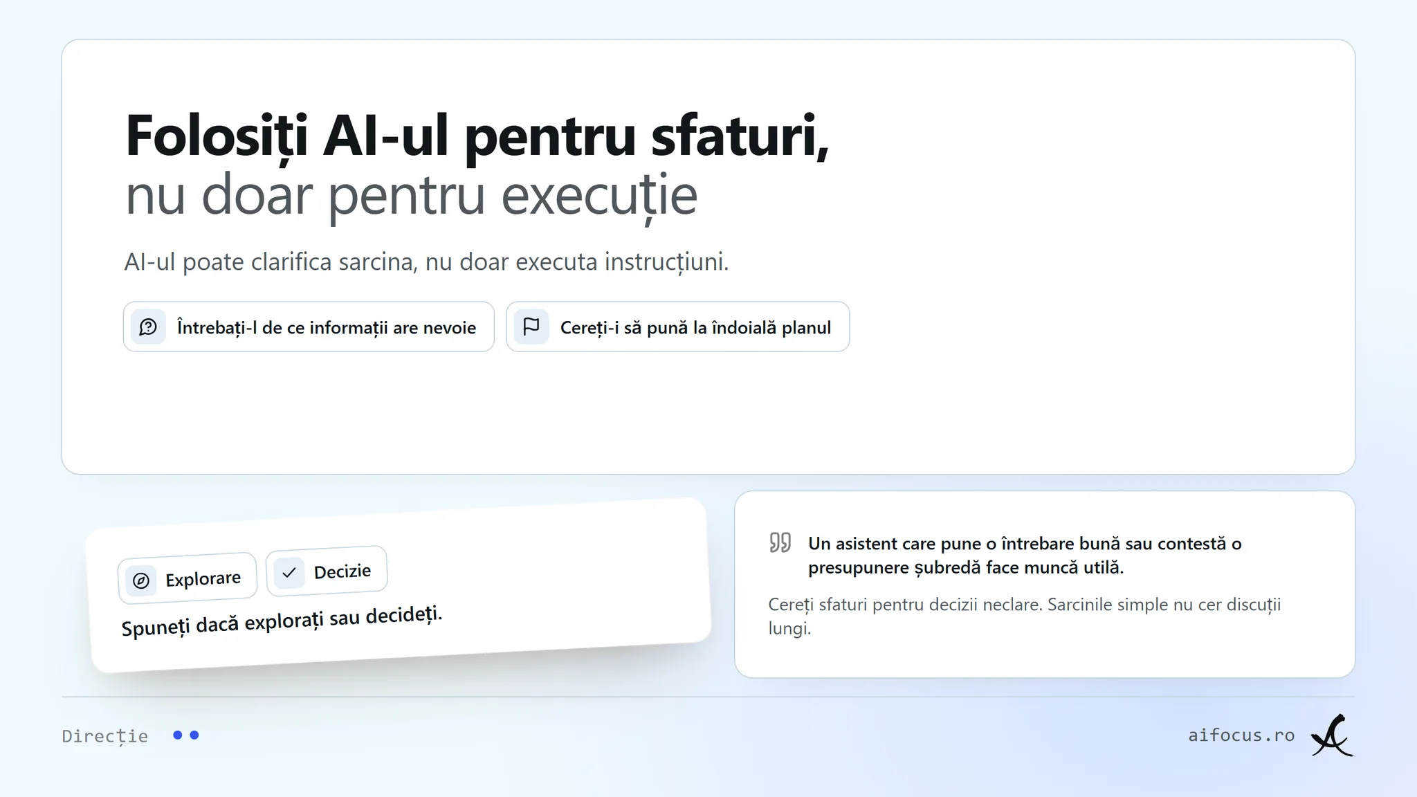 "Sub titlul Lăsați AI-ul să vă sfătuiască, nu doar să asculte, un rând spune că AI-ul poate ajuta la clarificarea sarcinii, nu doar să urmeze instrucțiuni. Două rânduri: întrebați-l ce informații i-ar trebui, invitați-l să pună la îndoială planul. Un citat spune că o întrebare bună e muncă utilă. Un sfat: cereți sfaturi când o decizie e neclară. O notă arată două etichete, Explorați și Decideți, și spune să precizați care dintre ele."