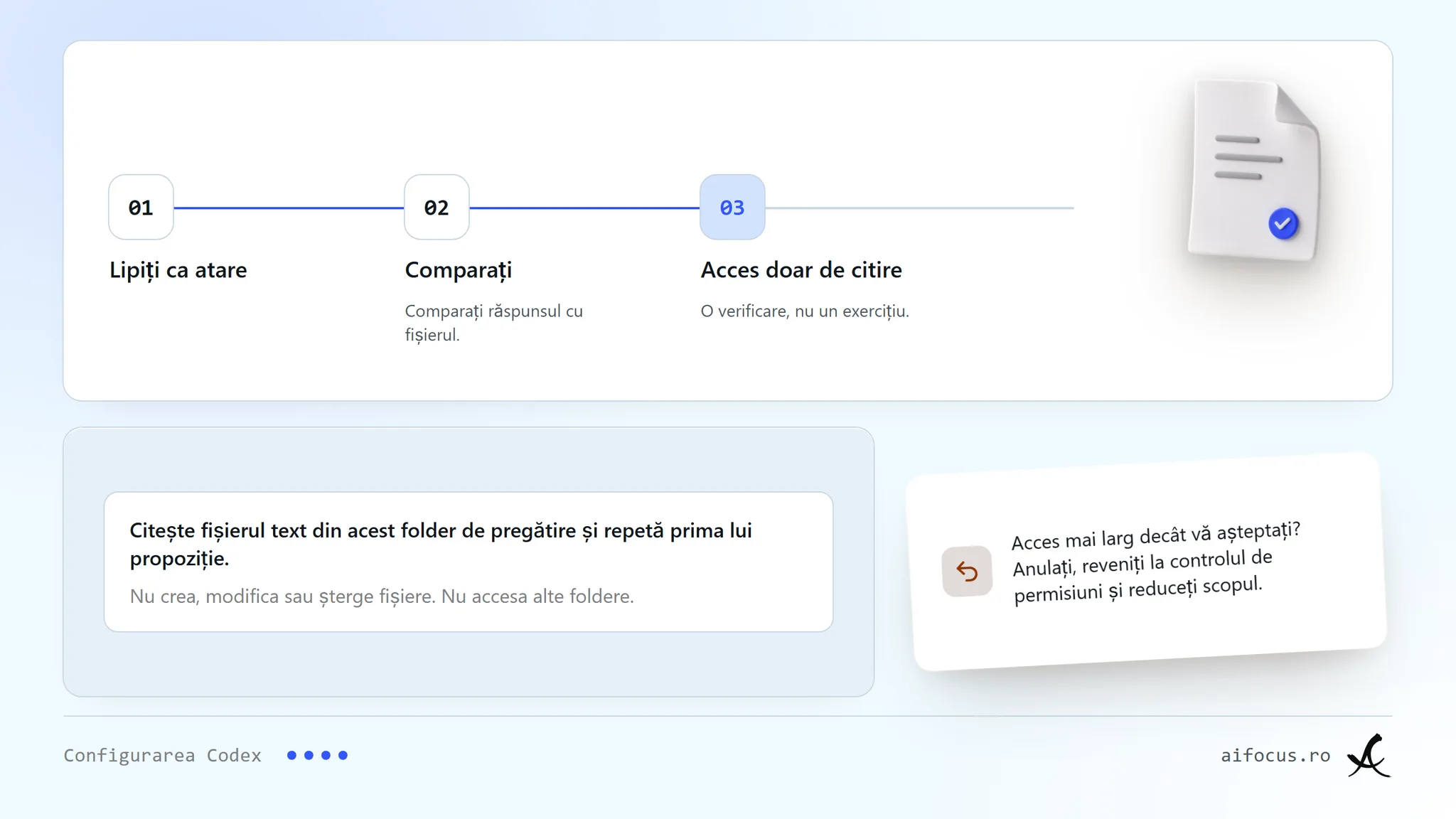 Trei pași numerotați. Cereți: cererea spune să citească fișierul text din folderul de pregătire și să repete prima lui propoziție, fără a crea, modifica sau șterge fișiere și fără a accesa alte foldere. Comparați: comparați răspunsul cu fișierul, lângă un mic obiect fișier. Numai acces de citire, nu un exercițiu de atelier. O notă: la acces mai larg, anulați și reduceți scopul.