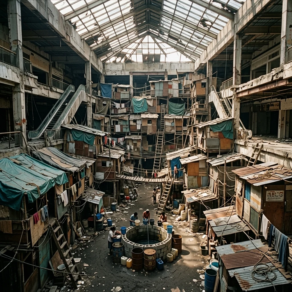 A makeshift shanty town built inside the shattered concrete atrium of an abandoned…
