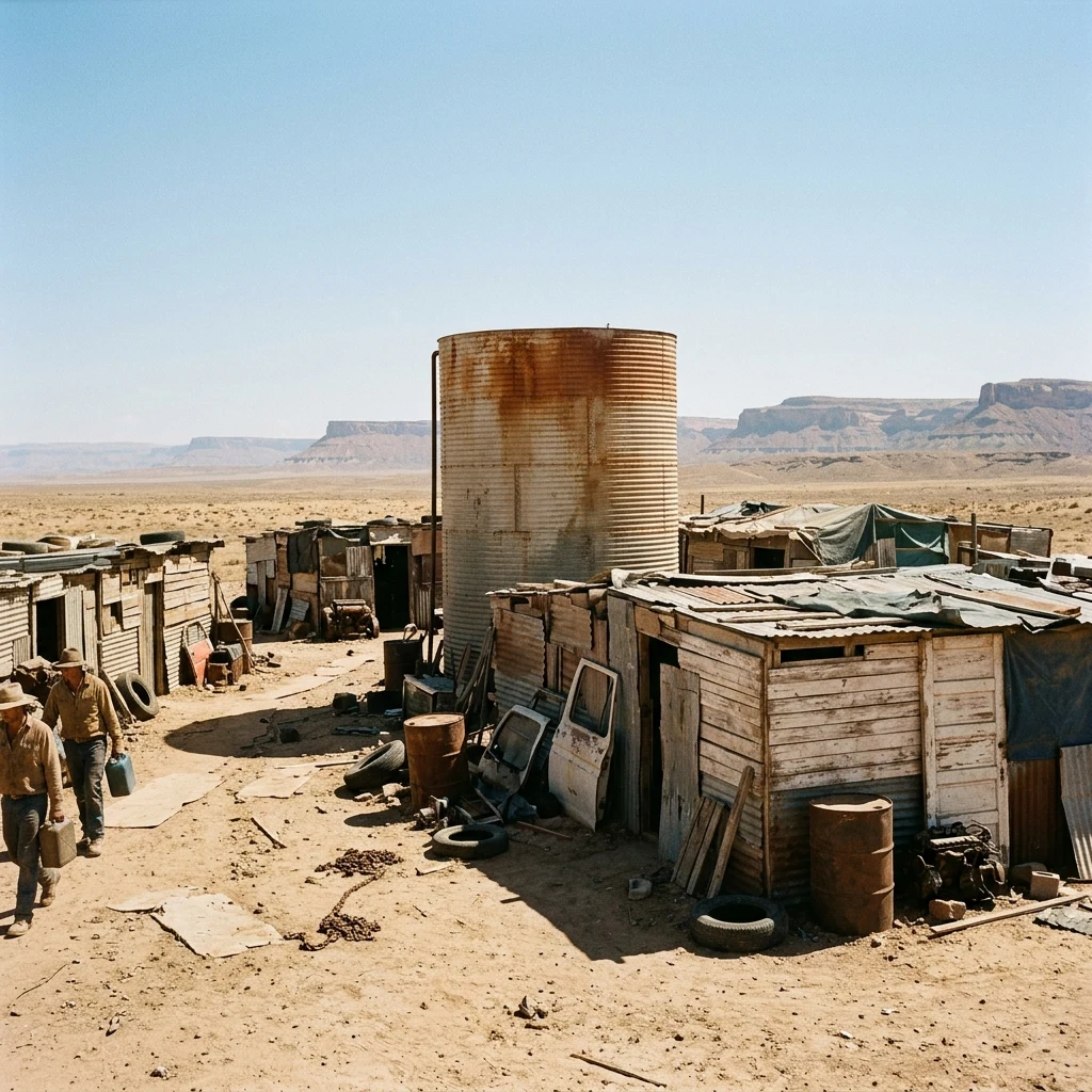A sun-bleached desert shanty town built around a towering water silo