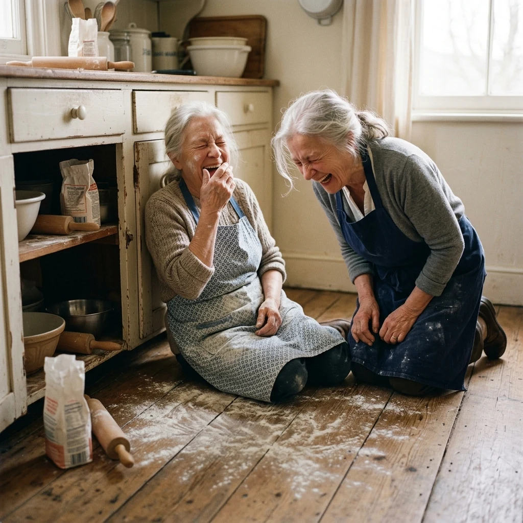 Identical twin sisters in their seventies laughing uncontrollably on a kitchen floor…