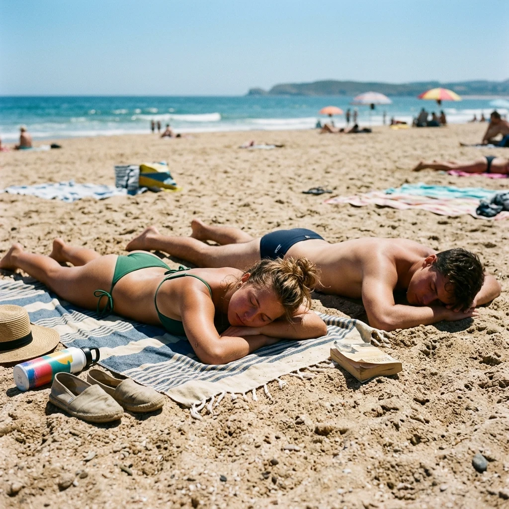 Sunbathing: A 22-year-old young woman in a minimal emerald string bikini lying face-down…