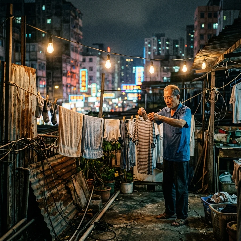 A nighttime rooftop scene in Kowloon Walled City