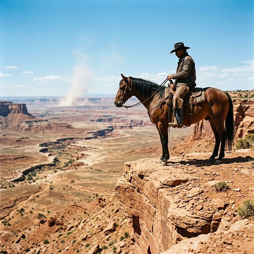A Texas Ranger on horseback paused atop a red mesa