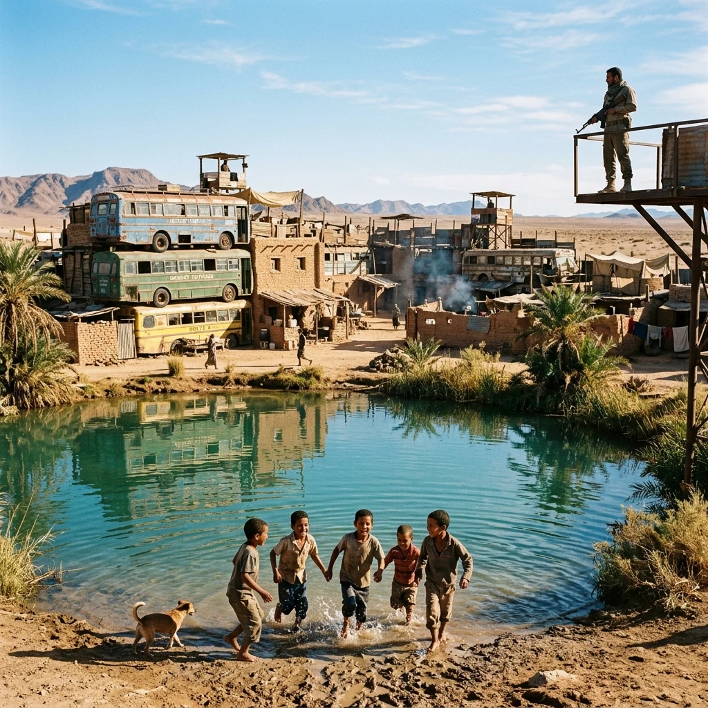 A tranquil desert oasis pond reflecting a fortified settlement built from stacked bus…