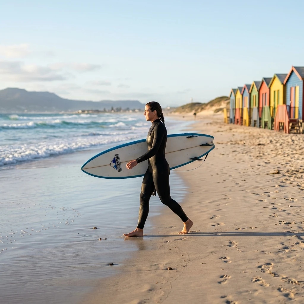 A Cape Town surfer in a full 4/3 wetsuit walking along Muizenberg Beach
