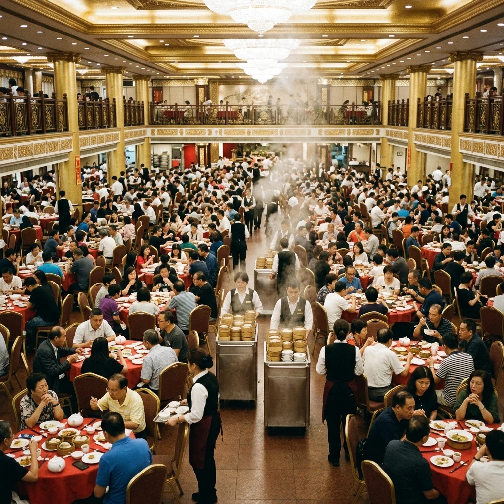 Bustling banquet hall with steaming food carts