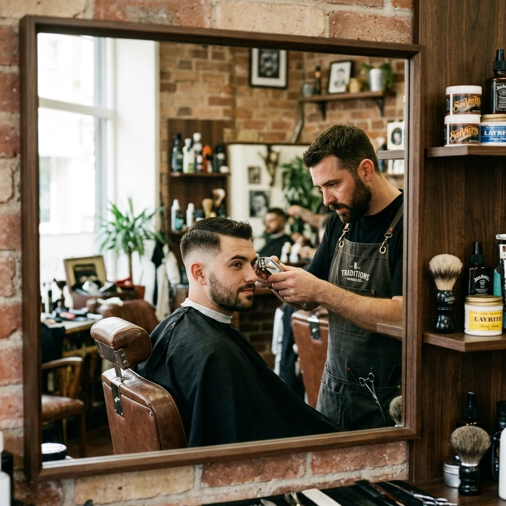 A barber mid-fade photographed through the mirror