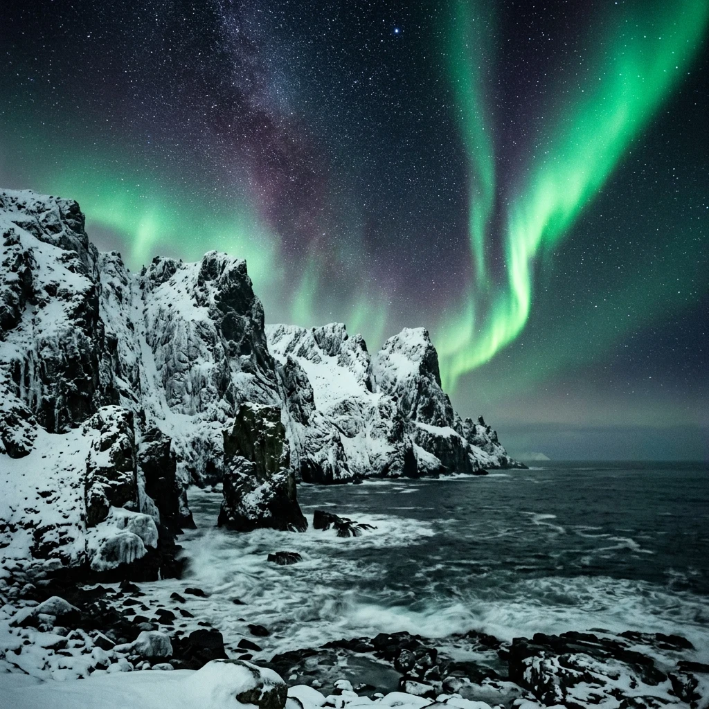 Northern lights over jagged snowy sea cliffs