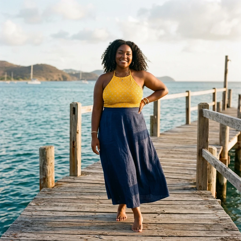 Woman in yellow top on wooden pier