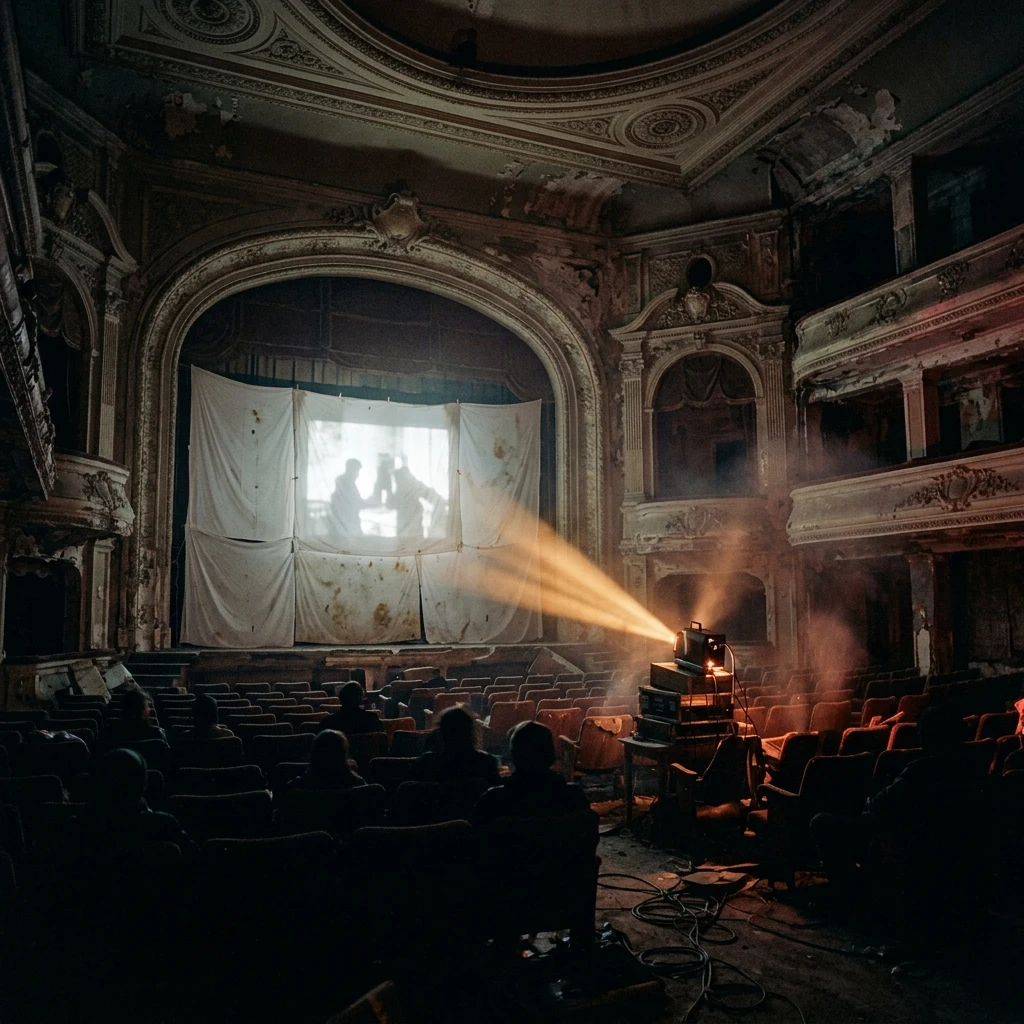 A dark indie film screening in an abandoned cultural palace theater