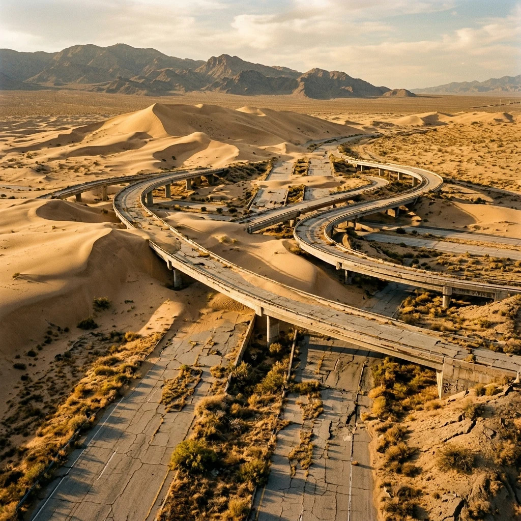 A crumbling concrete highway interchange swallowed by sand dunes and wild scrub