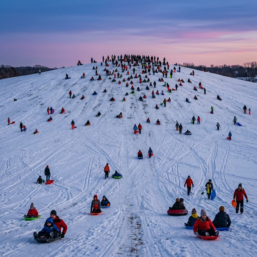 Sledding down a snowy hill at dusk