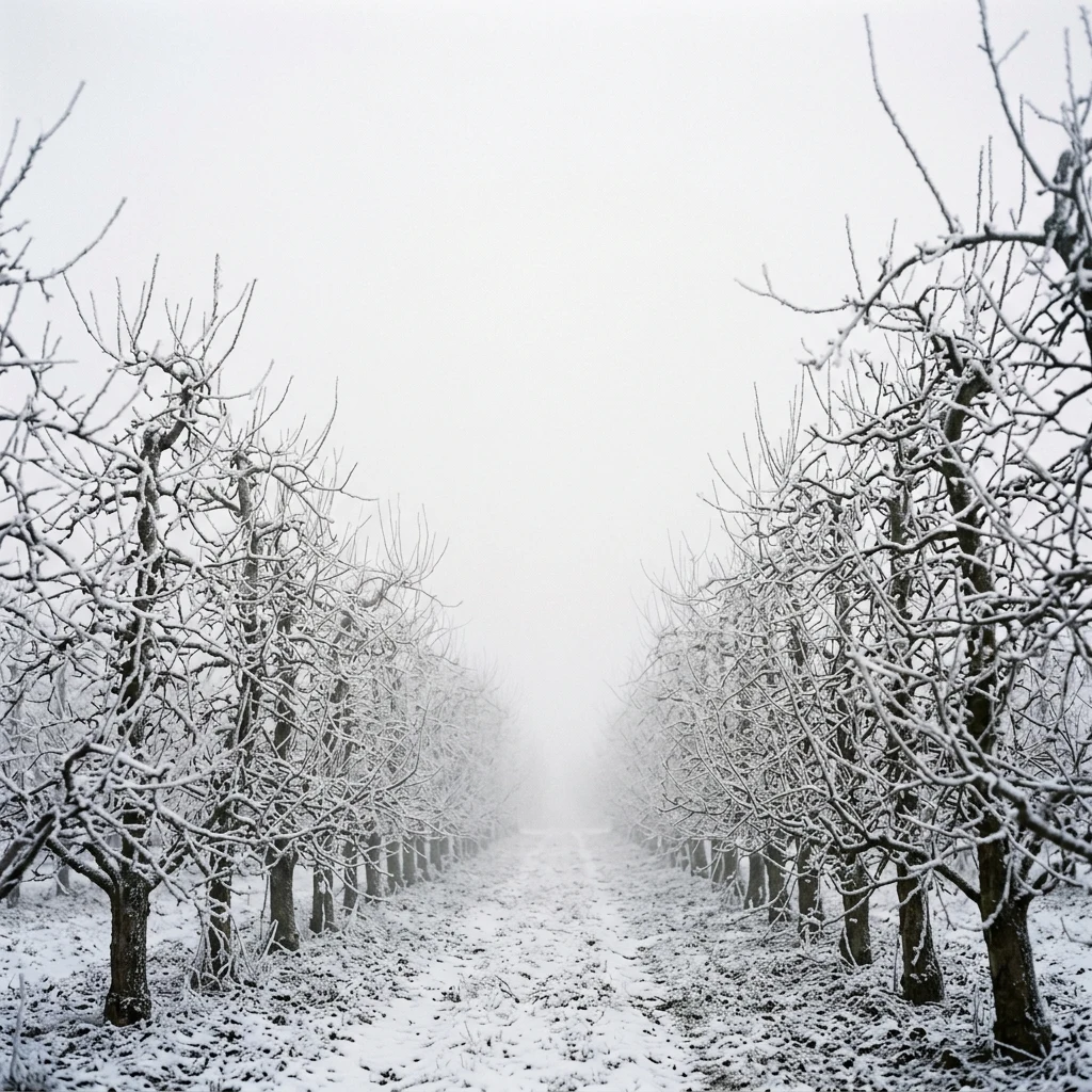 A snow-covered apple orchard in freezing fog