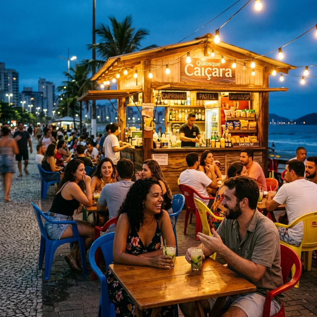 A boardwalk kiosk lit by warm tungsten bulbs after nightfall in Santos