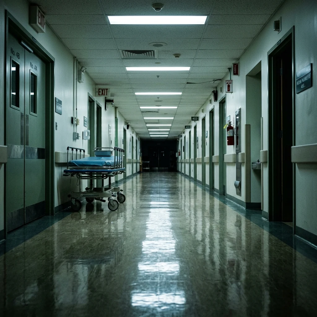 Quiet hospital corridor under bright fluorescent lights