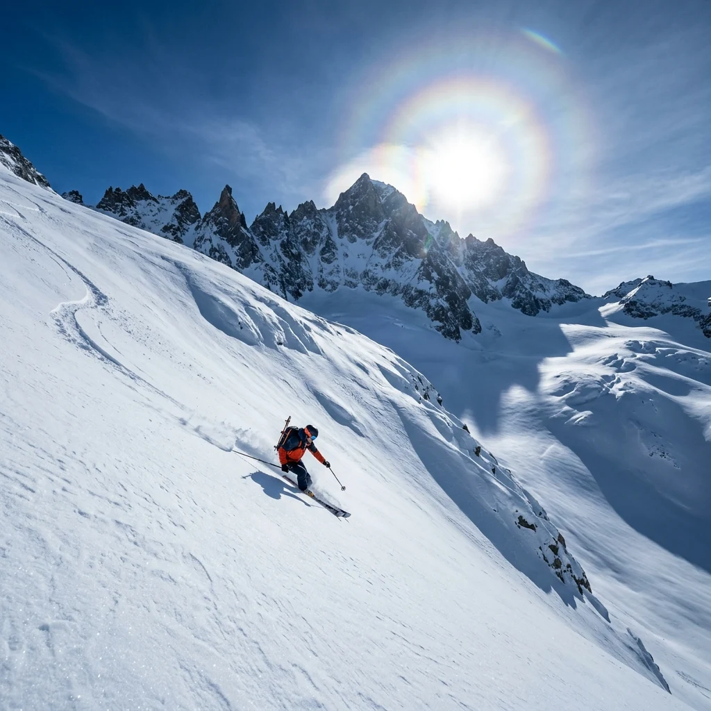 A lone ski mountaineer laying a single track through undisturbed powder on a steep alpine…