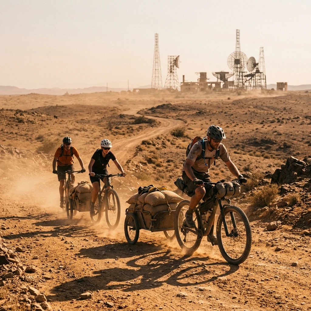 A convoy of mountain bikers pulling small cargo trailers loaded with grain bags along a…