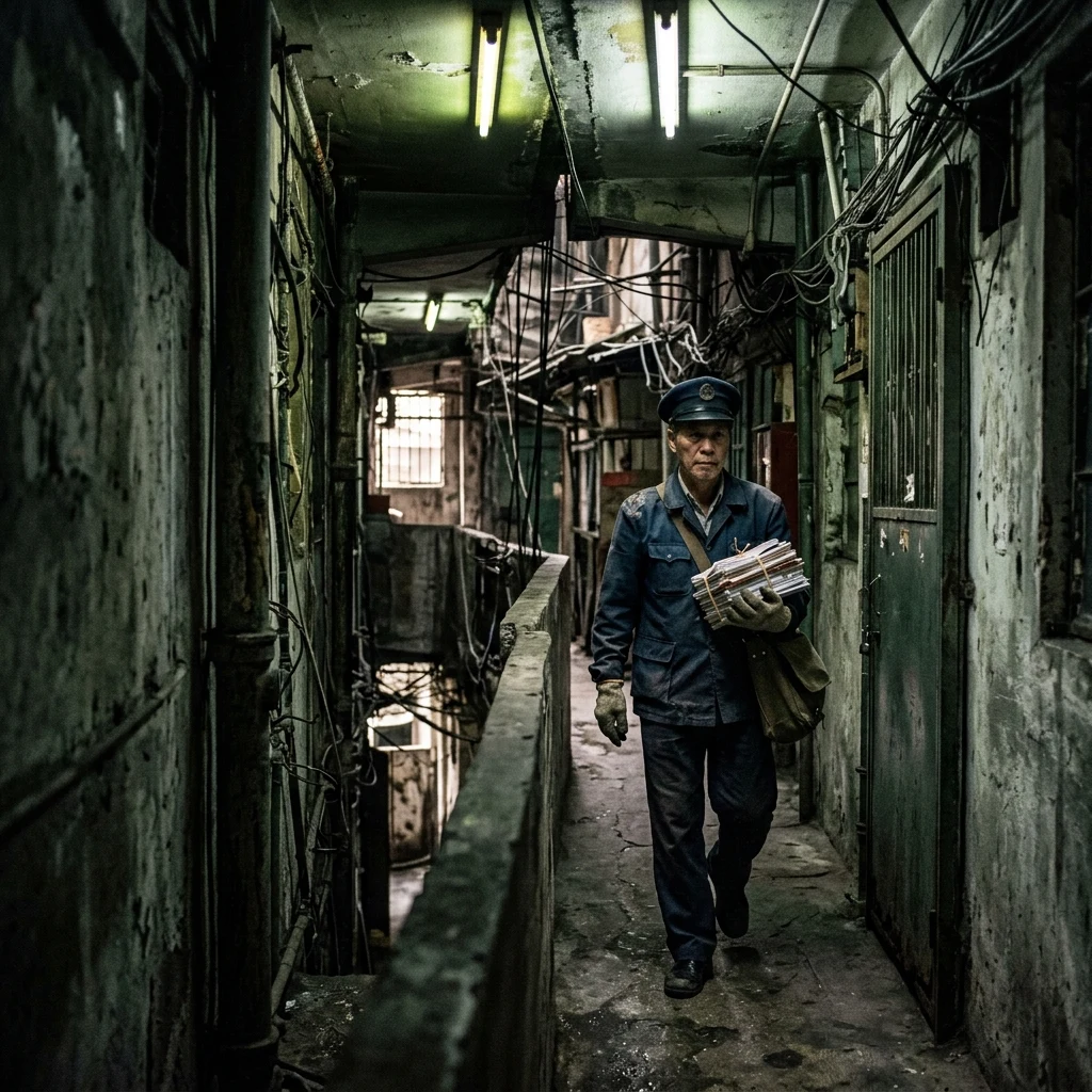 An postman navigating a labyrinthine upper-corridor in Kowloon Walled City during the day