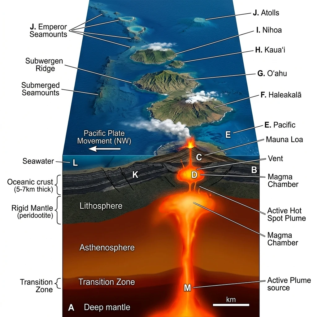 A cross-section illustration showing the volcanic hotspot forming the Hawaiian-Emperor…