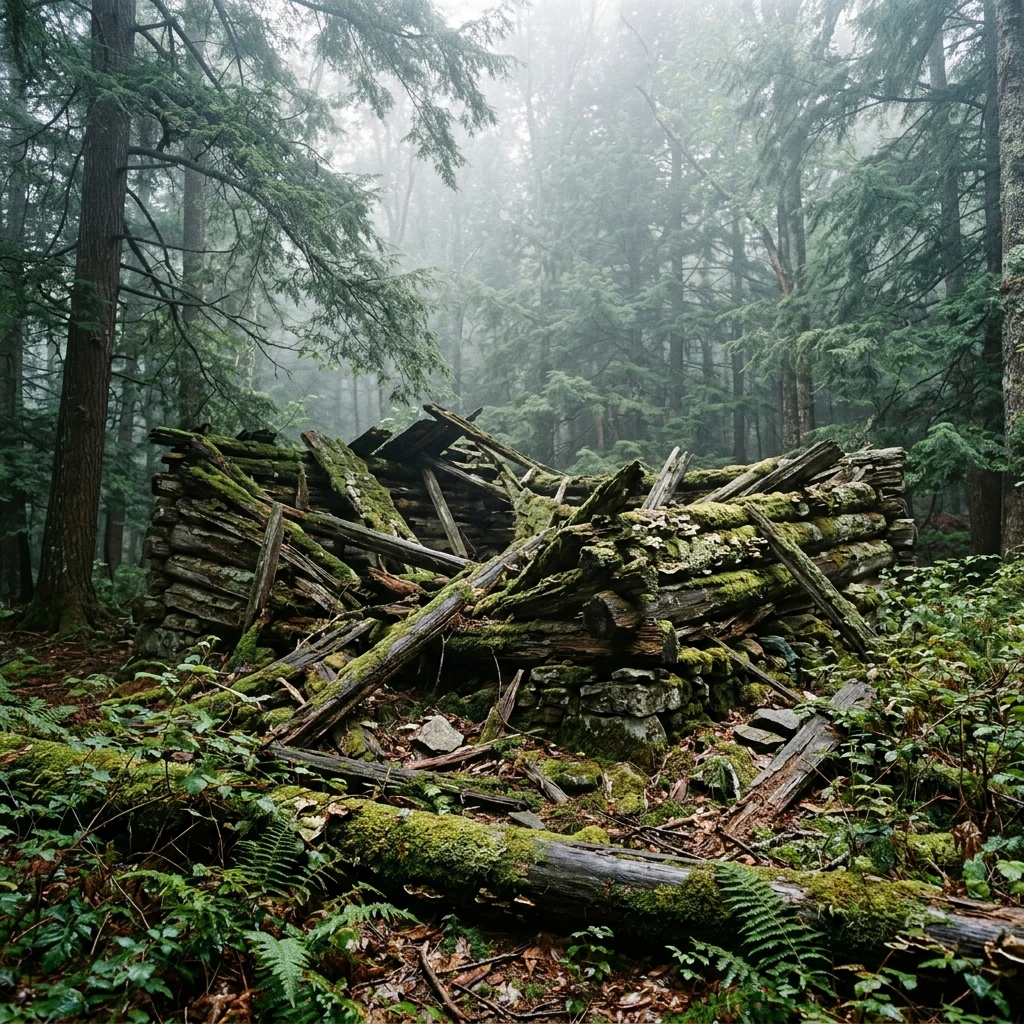 A collapsed log cabin in the Appalachian mountains