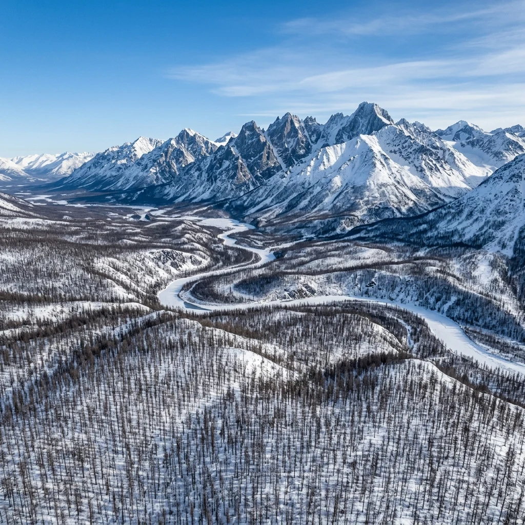 An aerial shot of the extreme subarctic landscape of the Chersky Range