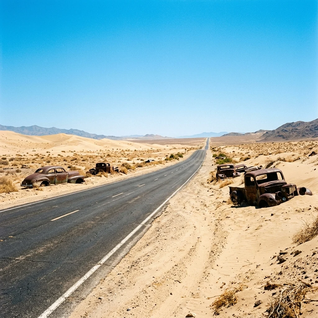 A sun-bleached desert highway stretching into infinity