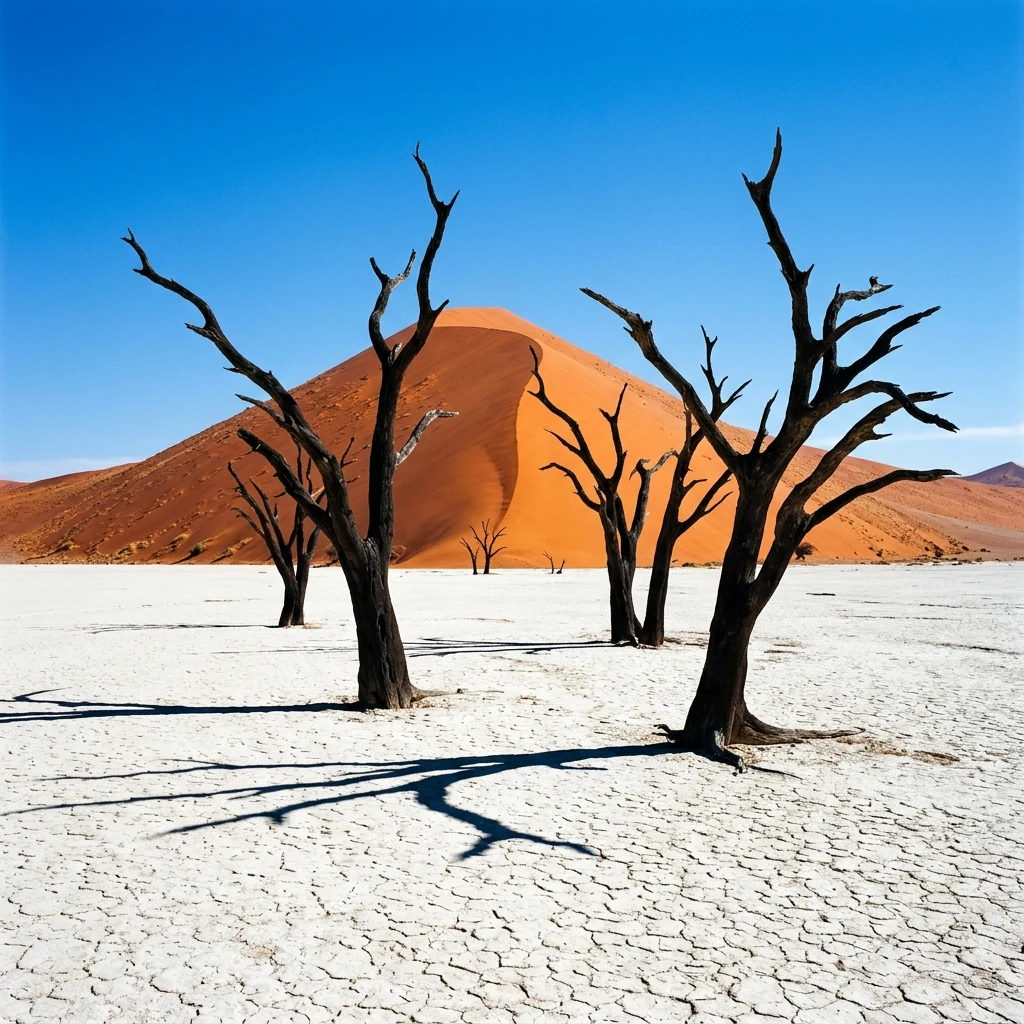 Stark dead acacia tree trunks rising from a white clay pan at Deadvlei