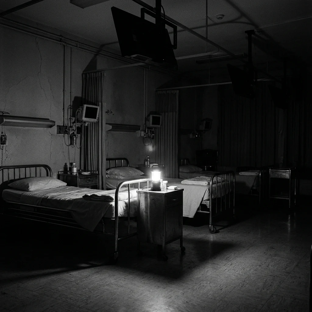Quiet hospital ward lit by a lantern