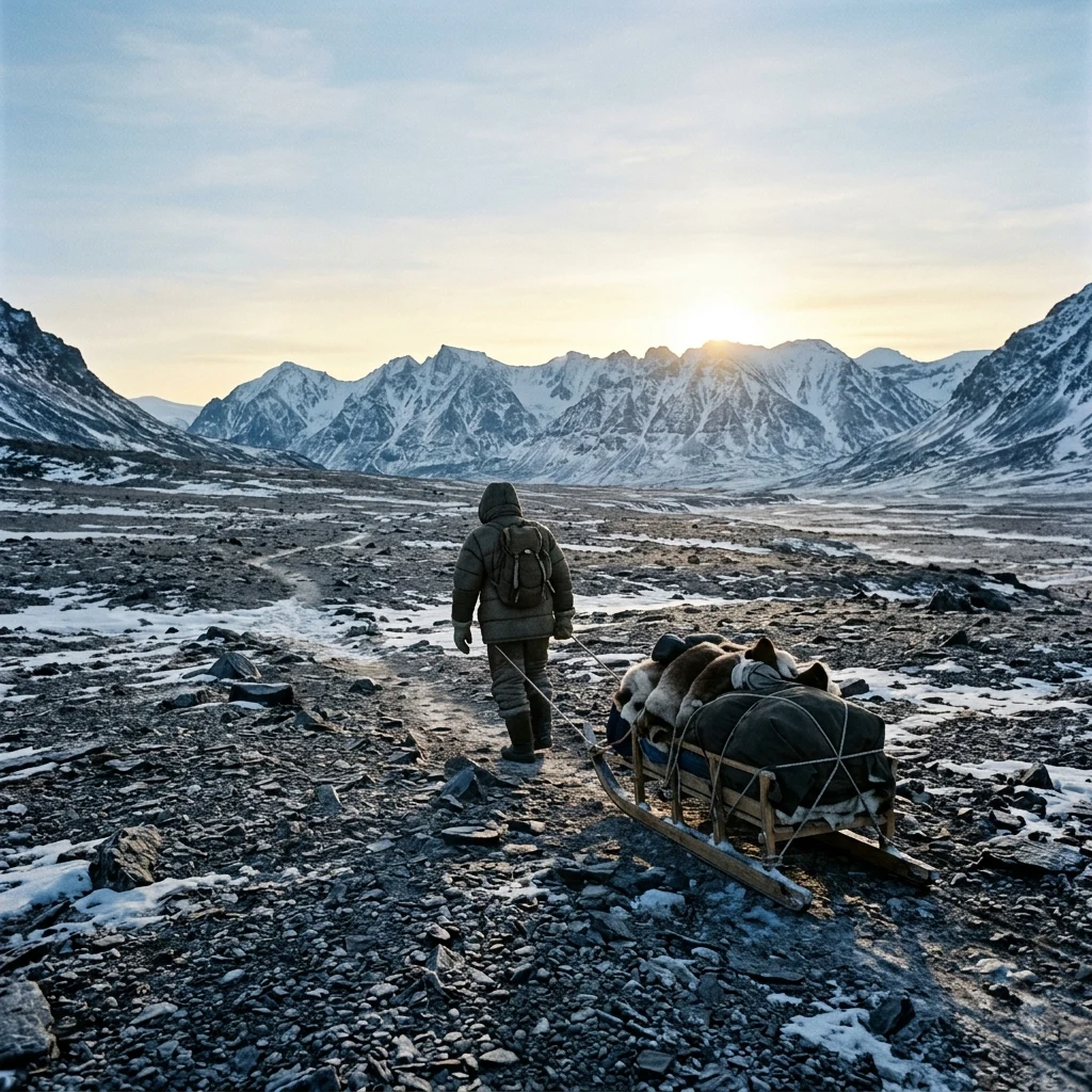 A polar research expedition sled navigating a gravel river valley in the Byrranga…