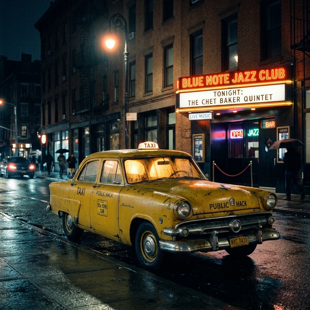 Old taxi cab on a rainy city street