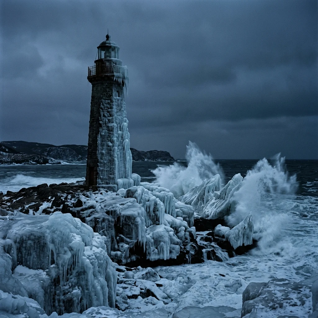 A sweeping view of a frozen lighthouse encrusted in thick