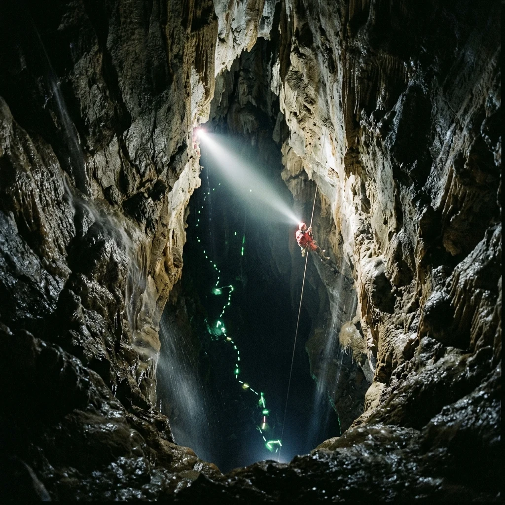 An overhead view looking down into a deep