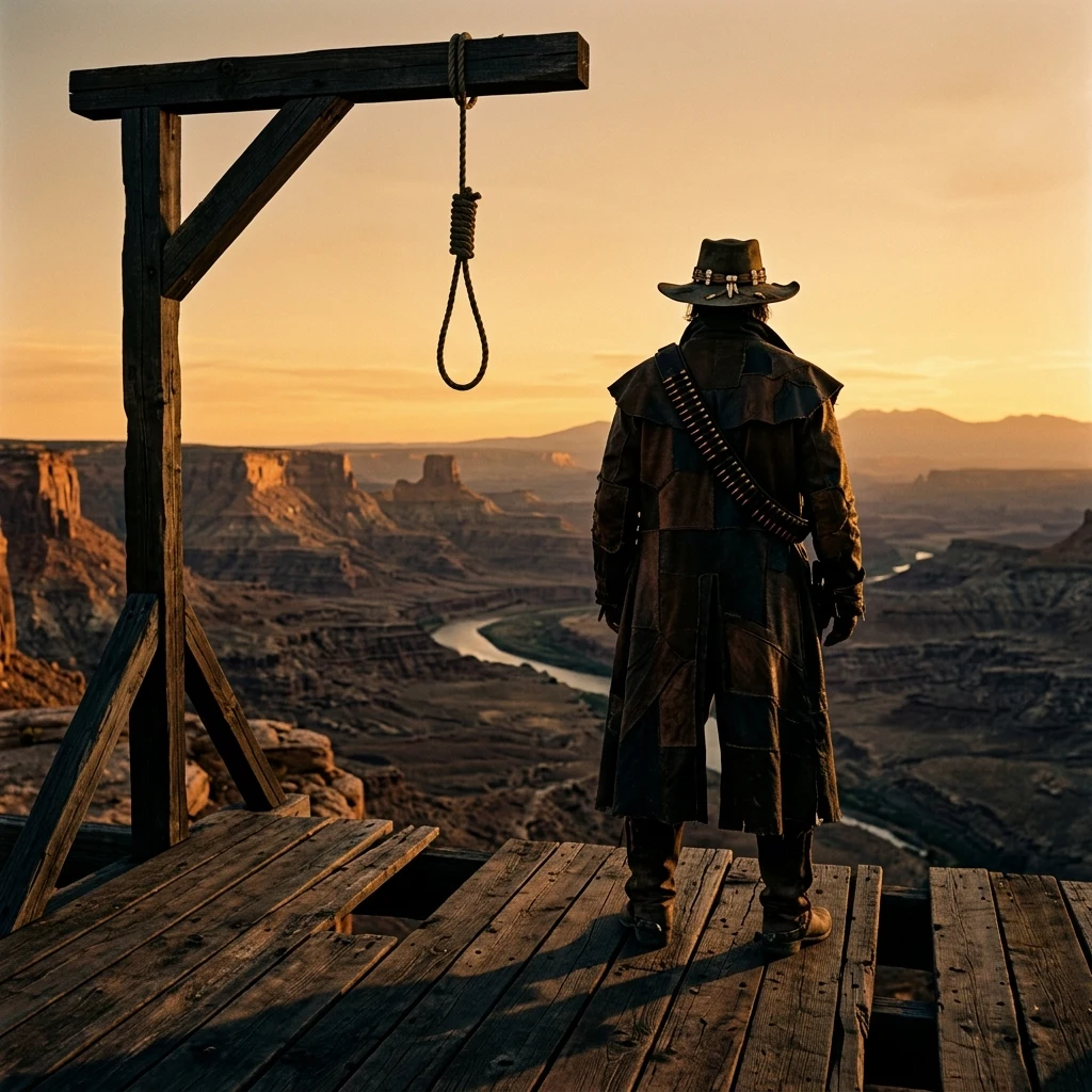 A frontier outlaw wearing a patchwork leather duster