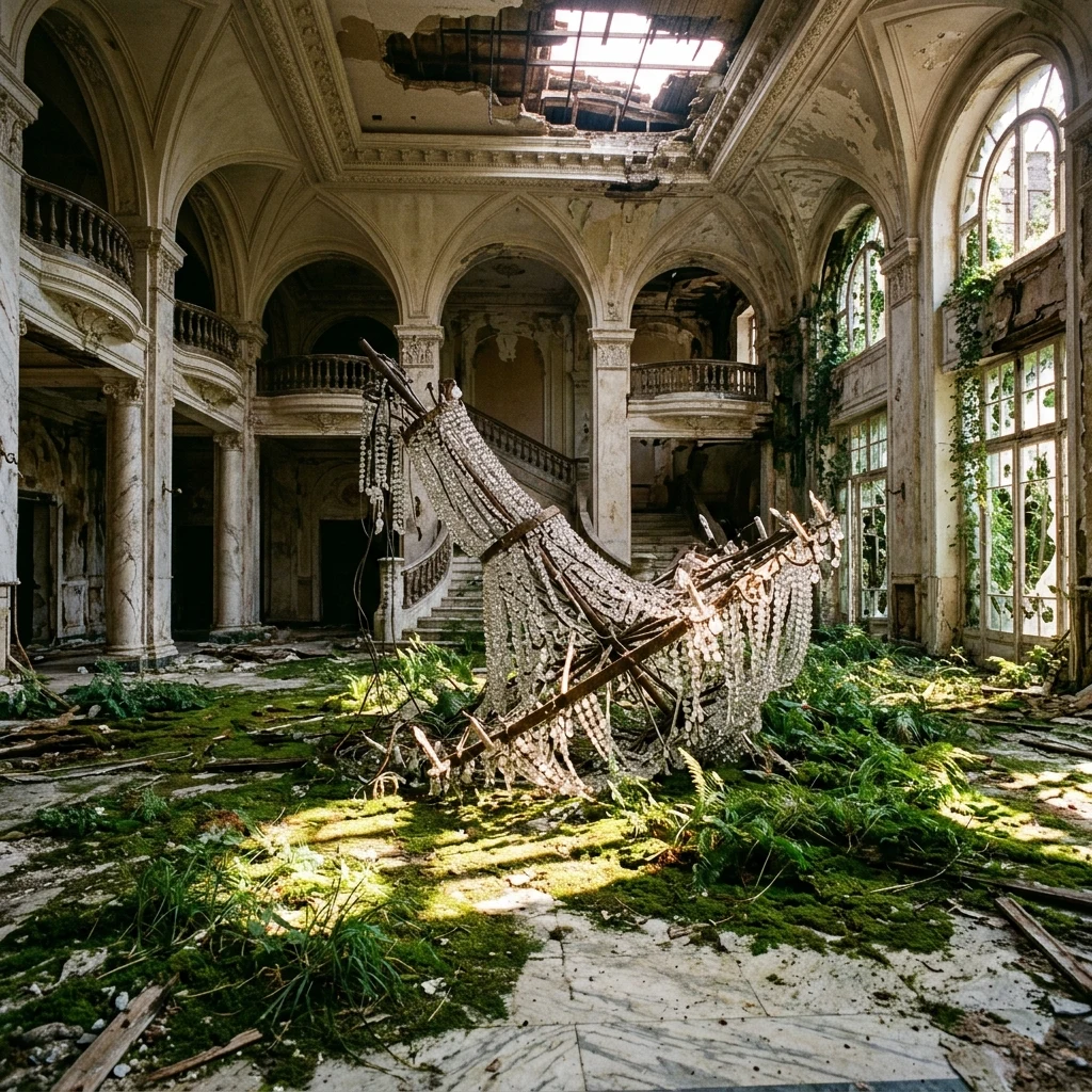 An abandoned luxury hotel lobby with a shattered crystal chandelier resting on a bed of…